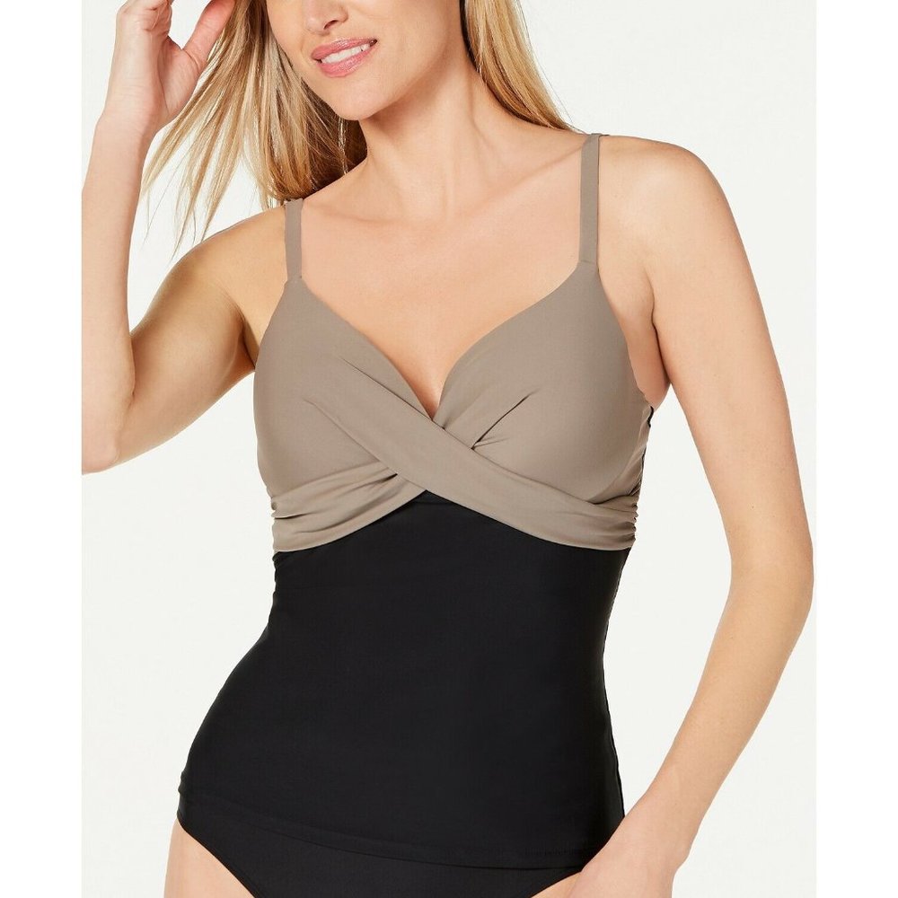 Island Escapes Gemini Colorblocked Push-Up Tankini Top (Size 12) Black/Sand